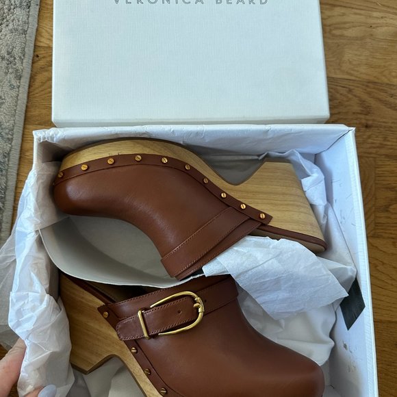 NWT Veronica Beard Hedrix Clog Woodgrain Platform Leather Buckle Sz 9 Hazelwood - Picture 5 of 14